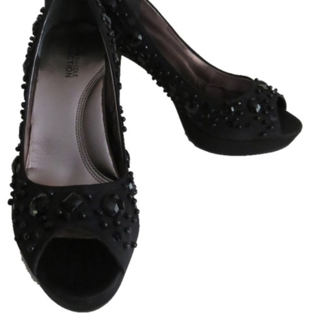 NIB Kenneth Cole Black Glam Dressy Satin And Stones Peep Toe Heels Shoes Size 8